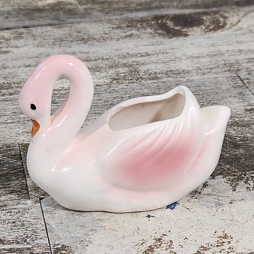 Vintage MCM Pink Ceramic Swan Planter Mini Bird Figurine Japan Mid Century